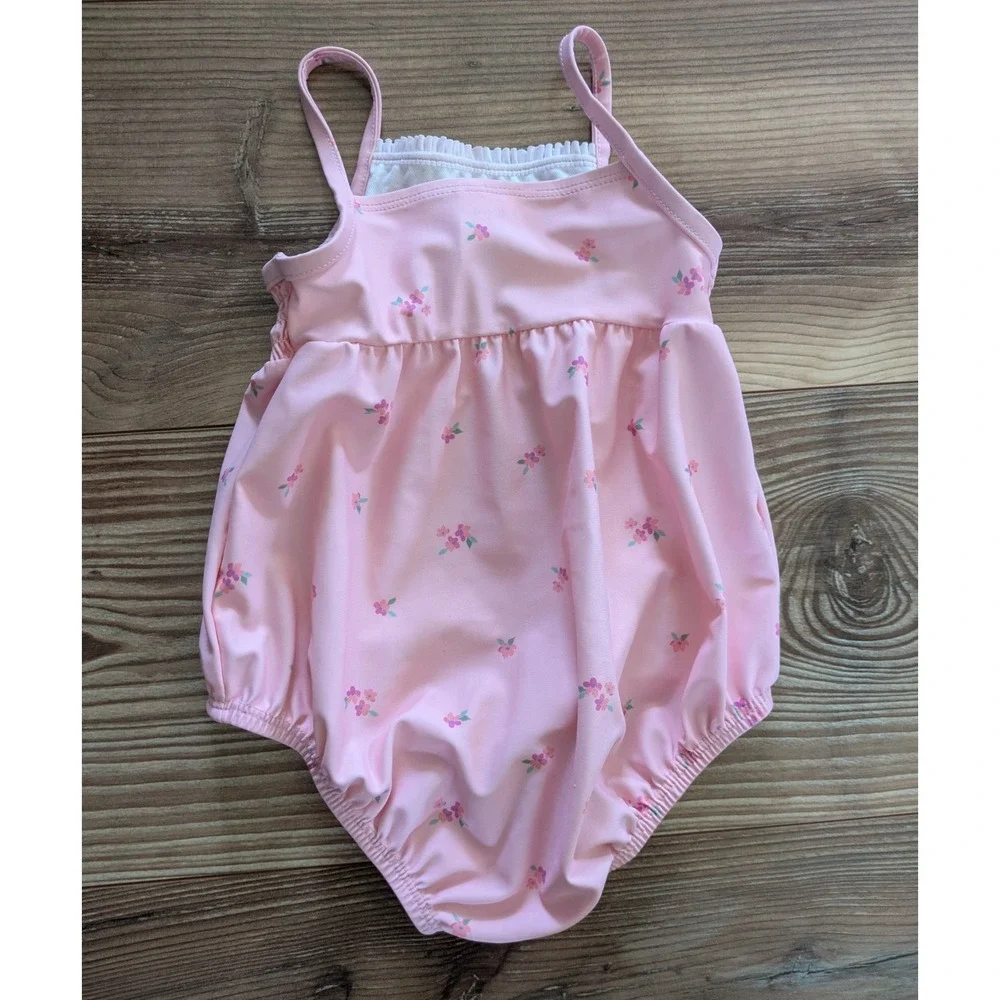OshKosh B'gosh Girls 18M Pink Floral Smocked Snap Tank 1 Piece Swimsuit